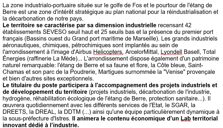 La sous-préfecture d'Istres recrute un(e) chargé(e) de mission industrie, décarbonation et environnement de catégorie A sp-istres@bouches-du-rhone.gouv.fr