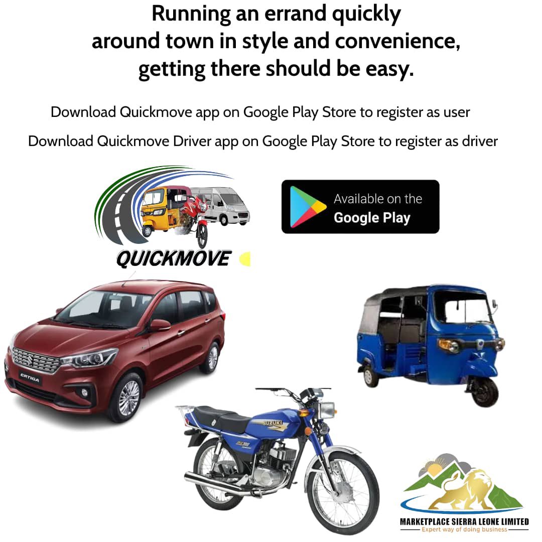 leone_ltd's tweet photo. QuickMove, the newest app on the block that connects you with reliable and affordable rides at the touch of button
So why wait? Download QuickMove today.
Contact: 072 002 531
Locate us: 2G Decker Lane, Babadorie-Grassfield, Lumley.
#SaloneTwitter https://t.co/D3GmdooUxr