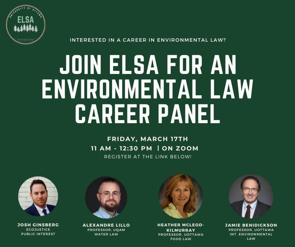 Are you interested in a career in environmental law? Join ELSA on Friday, March 17th from 11AM - 12:30 PM for our annual environmental law career panel 🌎

Don't miss out! Sign up here: rb.gy/9aexeq