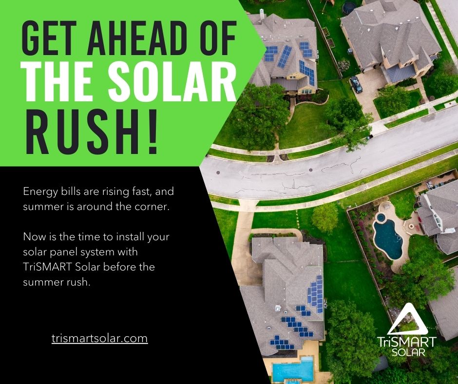 Beat the summer rush and rising energy costs with a Tier-1 solar panel system by TriSMART Solar. Unbeatable 25-year production guarantee, top-tier equipment, and quality workmanship. Get a quote today at bit.ly/3T1YkpJ