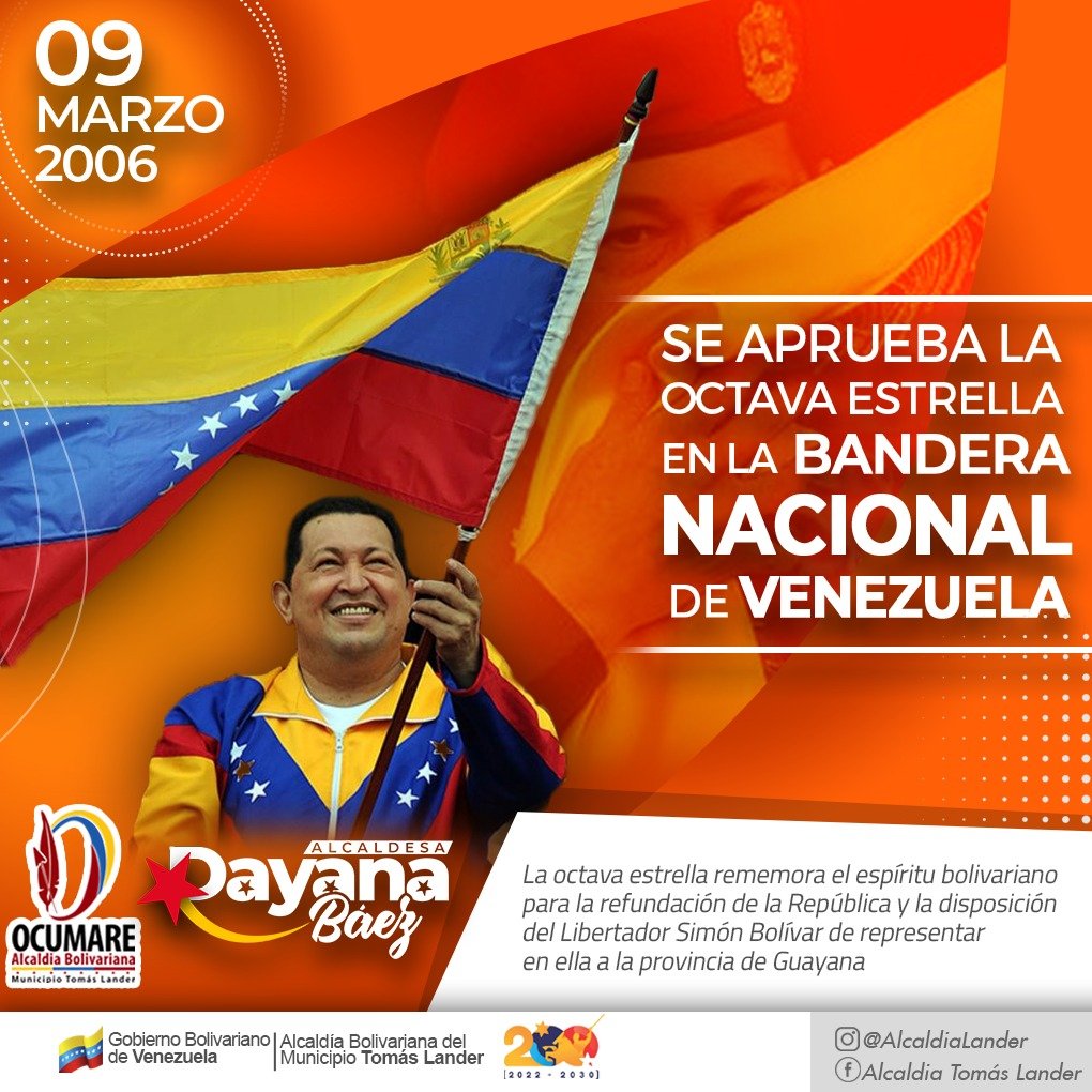 #Efeméride | Hace 17 años, el 9 de marzo de 2006, el Poder Legislativo venezolano por iniciativa del Comandante Eterno Hugo Rafael Chávez Frías, aprobó la inclusión de una octava estrella en la Bandera de Venezuela.

#ChávezSiempreChávez