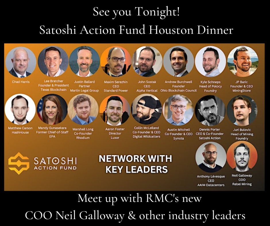 RebelMiningCo's tweet photo. RMC's COO Neil Galloway joins other key leaders tonight at the @SatoshiActFund Dinner, culminating the Empower 2023 Conference in Houston. If you have tickets to this sold-out event, make sure to say "howdy" to Neil. 
.
.
.
#RebelMiningCompany #SatoshiActionFund #Empower20233 https://t.co/J6o0qtujKu
