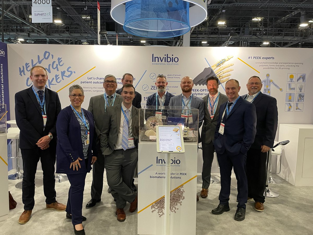What a fantastic first day at #AAOS2023 yesterday. Team Invibio showcases our new 3D printable PEEK-OPTIMA™  AM filament here, enabling the creation of complex custom orthopaedic implants. Find us at booth 3818 today or click here ow.ly/6aLB50NcUCY  #POLYMER #CHANGEMAKERS