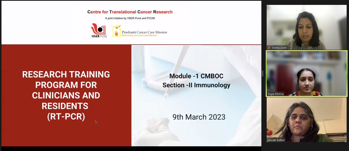5th Lec of #RTPCRcourse by CTCR on Role of Immune System in Cancer Live Now!
Register - lnkd.in/d64mKqZ7

#PCCM #IISERPune
#translationalresearch #cancerimmunology #immunology #clinicianscientist #RTPCRcourse #basicbiologyforclinicians #immunotherapy #training #research