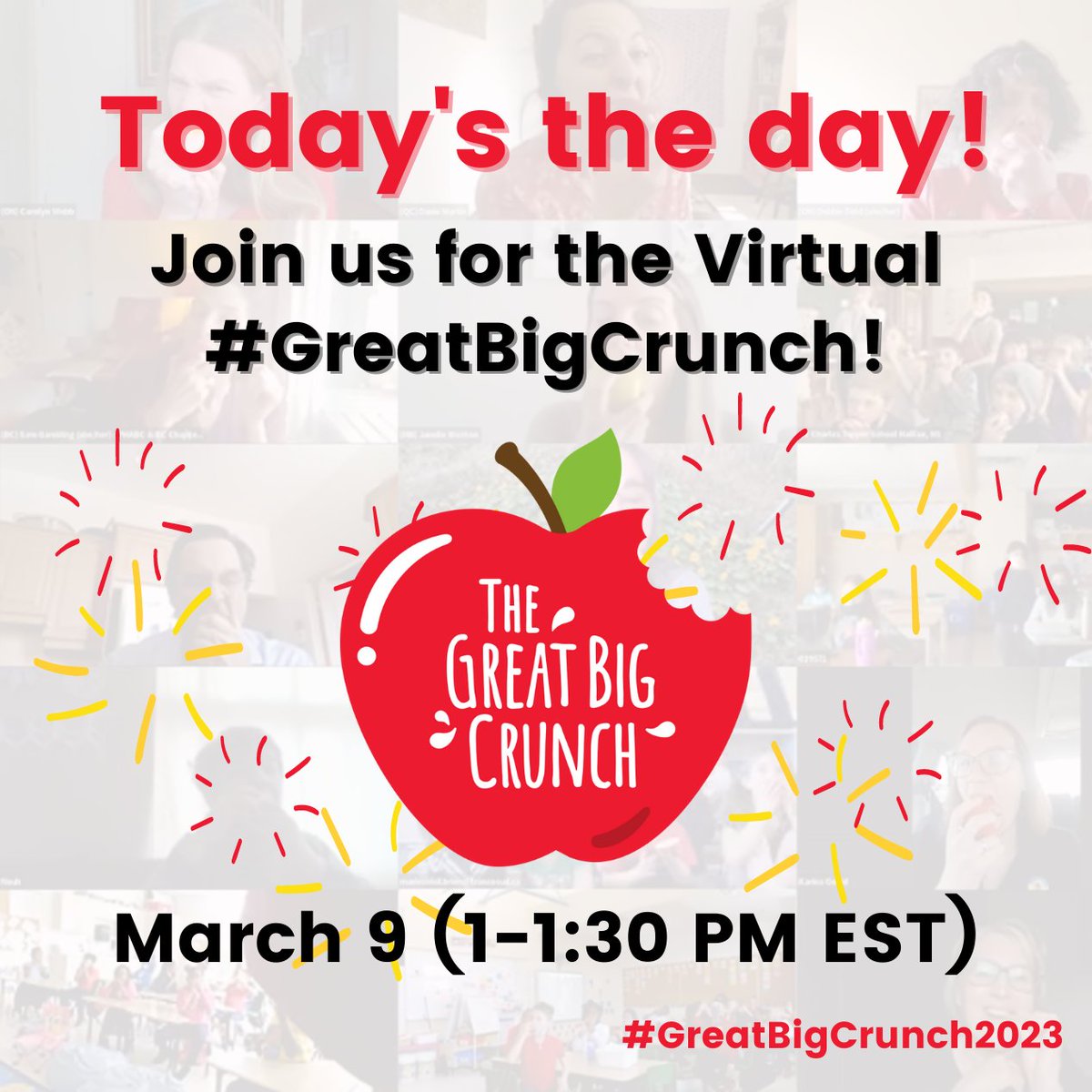 Today's #GreatBigCrunch day! Not signed up yet?
It's not too late to join us at 1pm (ET)! 

Click here (https://t.co/BogYQCvlpo) to sign up and take an enjoyable break during your day to to highlight the importance of healthy food at school. 