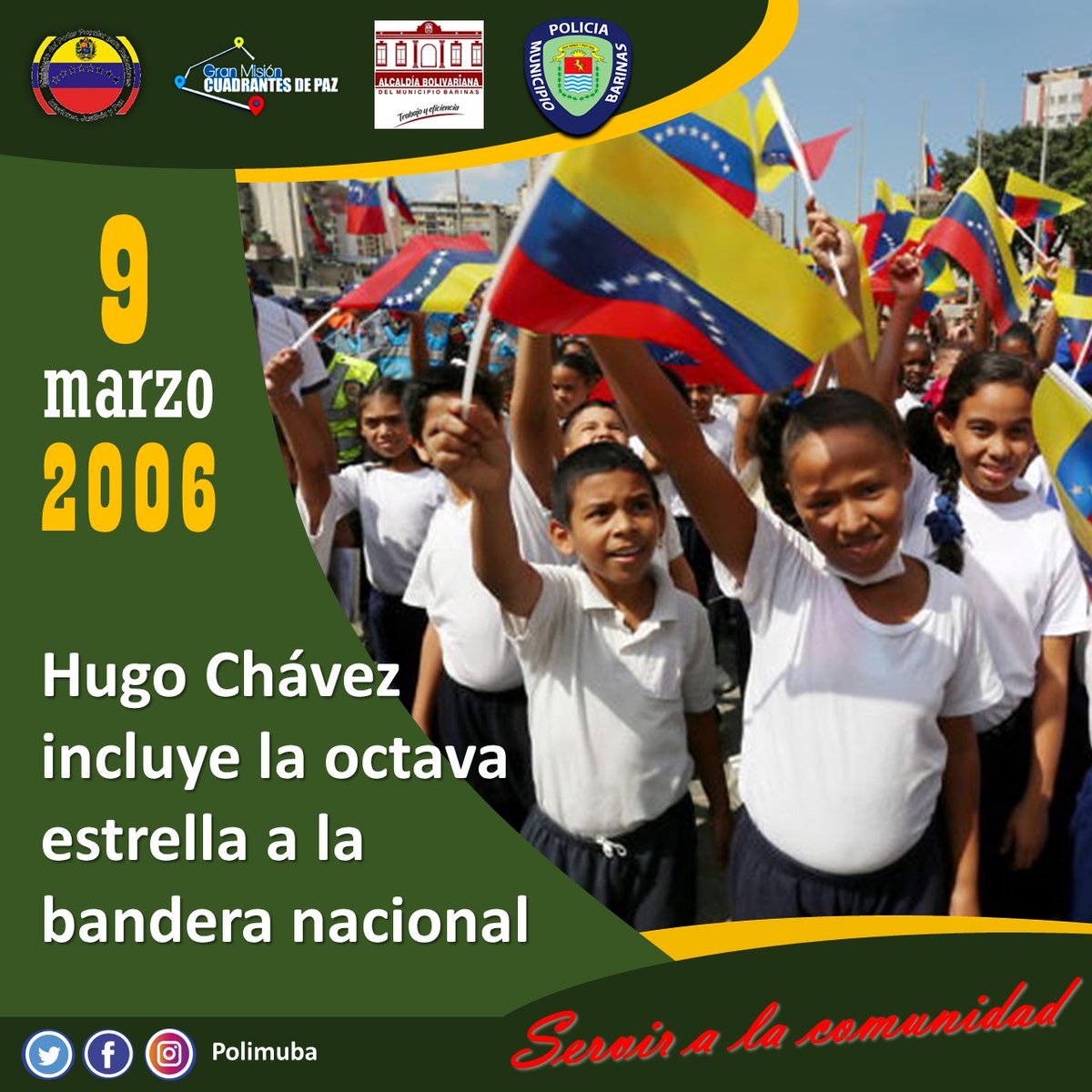 #TalDiaComoHoy el #9Mar de 2006, el Comandante Hugo Chávez, cumple el decreto del Libertador Simón Bolívar de 1817 e incluye la octava estrella a la bandera nacional, como emblema de la provincia de Guayana #ChávezSiempreChávez <a href="/CeballosIchaso1/">@FuerzaDinamica Remigio Ceballos Ichaso</a> <a href="/AlcaldiaBnas/">Alcaldía del Municipio Barinas</a> <a href="/jbarrios_cpeb/">Juan Manuel Barrios Duarte</a>