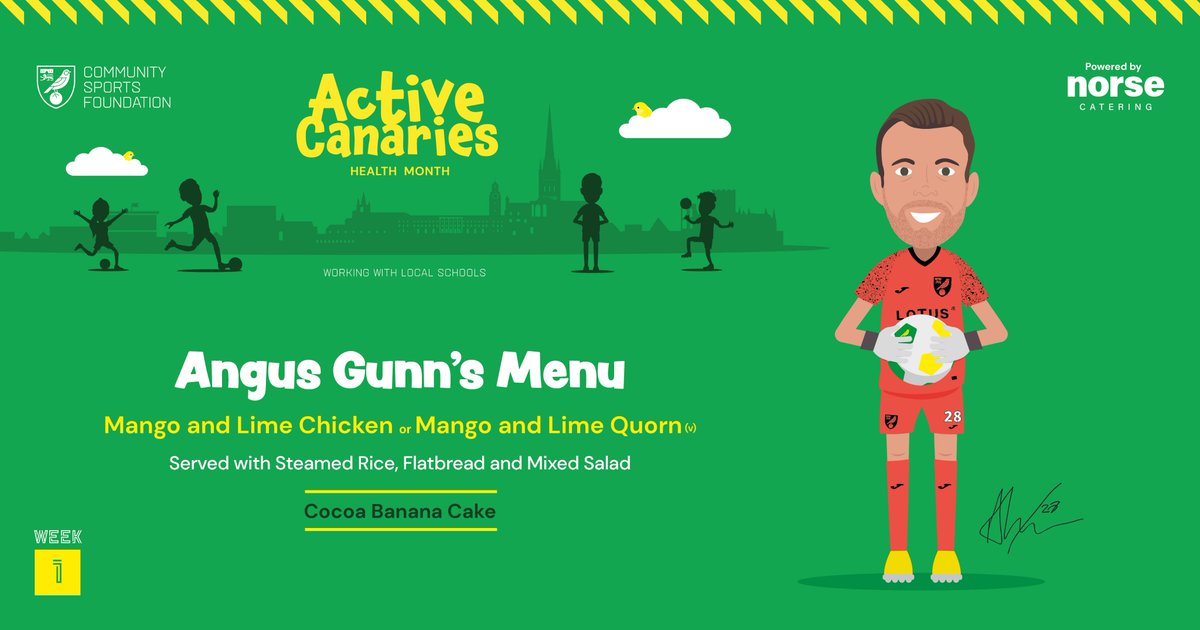 norsecatering's tweet photo. Today our school cooks served this tasty menu inspired by the food Angus Gunn enjoys as part of our #ActiveCanaries #HealthMonth with Community Sports Foundation. The results are in...it was a BIG hit!  #SchoolMeals @LACA_UK @PSCMagazine https://t.co/JFFrADCctm