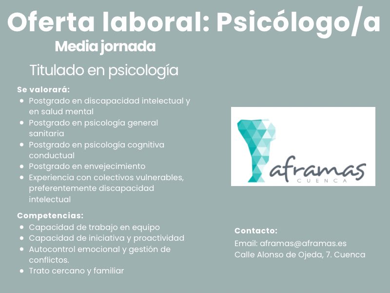ociocuenca's tweet photo. ¡¡Oferta de empleo!!
Psicologo/a a media jornada 
Incorporación inmediata https://t.co/tsCmYqx00G