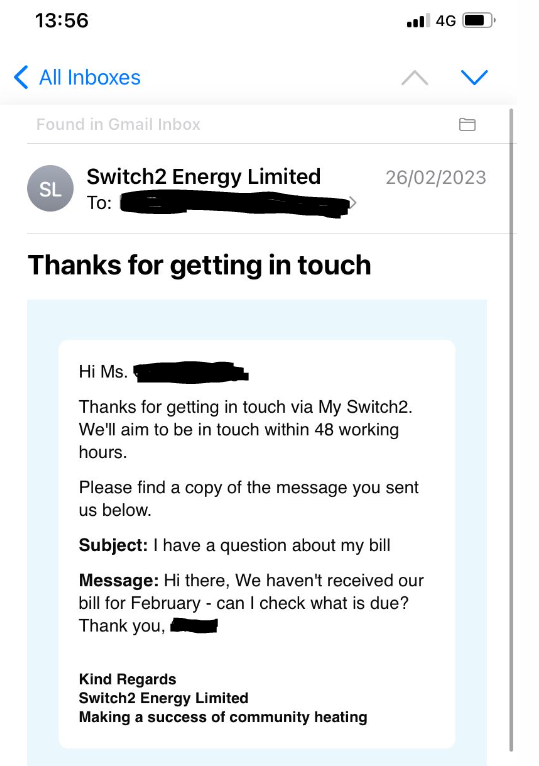 heythereclare's tweet photo. @Switch2Energy We haven't got an energy bill for 2 months now - I've emailed nearly 2 weeks ago (despite saying I should have a response in 48 hours) and also tried calling but was on hold for 30 mins. Can someone look into this for me please? https://t.co/j23Ies7iIP
