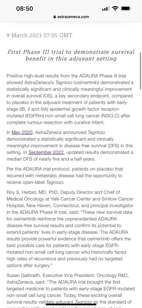Toni Choueiri, MD (@drchoueiri) on Twitter photo The ADAURA adjuvant study in NSCLC now met the endpoint of Overall Survival ! Major win for patients !
astrazeneca.com/media-centre/p…
<a href="/OncoAlert/">OncoAlert</a> <a href="/ASCO/">ASCO</a> <a href="/myESMO/">ESMO - Eur. Oncology</a> <a href="/OncBrothers/">Oncology Brothers</a> The ADAURA adjuvant study in NSCLC now met the endpoint of Overall Survival ! Major win for patients !
astrazeneca.com/media-centre/p…
<a href="/OncoAlert/">OncoAlert</a> <a href="/ASCO/">ASCO</a> <a href="/myESMO/">ESMO - Eur. Oncology</a> <a href="/OncBrothers/">Oncology Brothers</a>