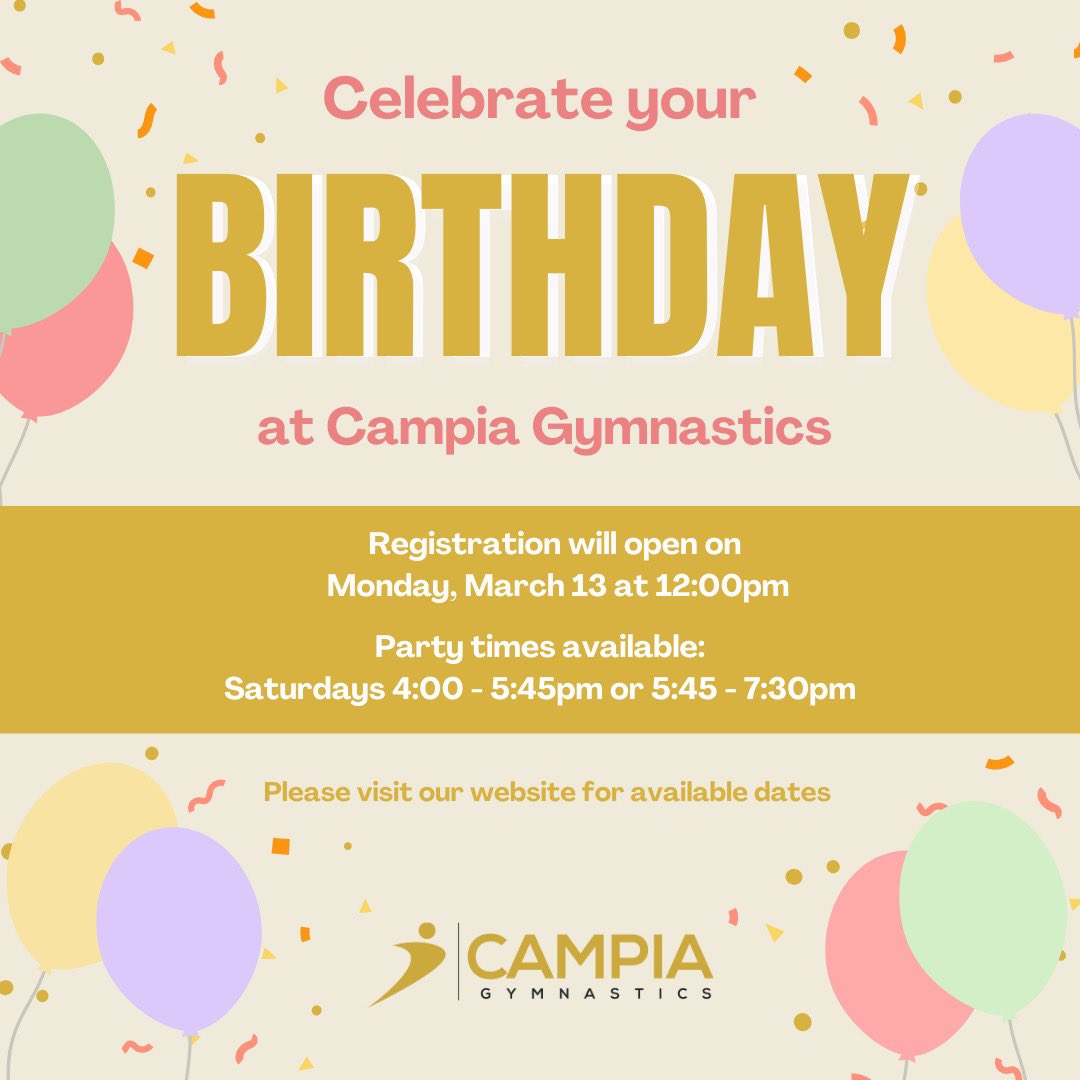 Come celebrate a birthday at Campia! 🎂🎈

Our parties are semi-structured in our state of the art facility. Parties include one hour of gym time and 45 minutes in our party room. 

Registration will open March 13 at 12pm. 

🔗 Visit linktr.ee/campiagym to book now! 🥳