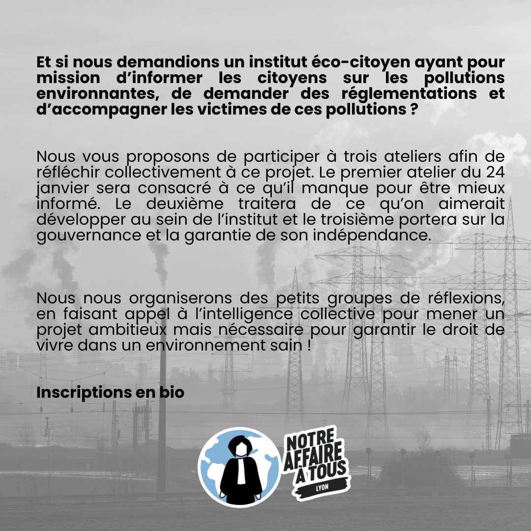 NotreAffaire69's tweet photo. 🏭2e ATELIER CITOYEN🏭
Le 17 mars à 19h, rdv à Pierre-Bénite pour réfléchir à la gouvernance des risques industriels et des pollutions chroniques de la Vallée de la chimie ✊ Les https://t.co/bfB3QuO73w.s doivent avoir leur mot à dire ! 
Inscriptions : https://t.co/zIH7LVssmA ⚡️ https://t.co/NYW2OjSMva