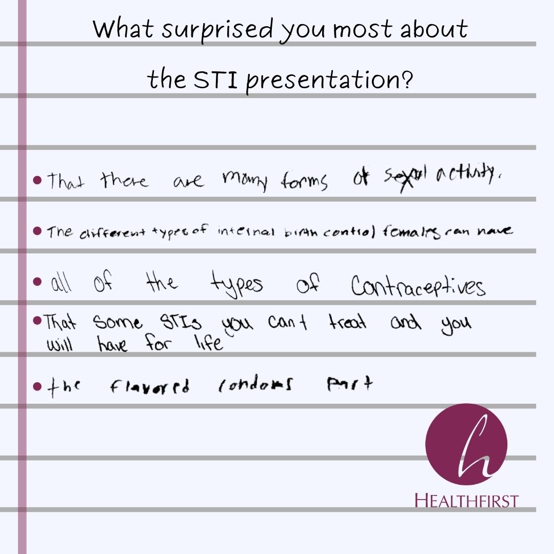 Comprehensive sexual education helps people make healthier choices! 

From Their Minds: here are a few thoughts from middle schoolers who had an STI presentation from Healthfirst! 

#Education #healthfirst