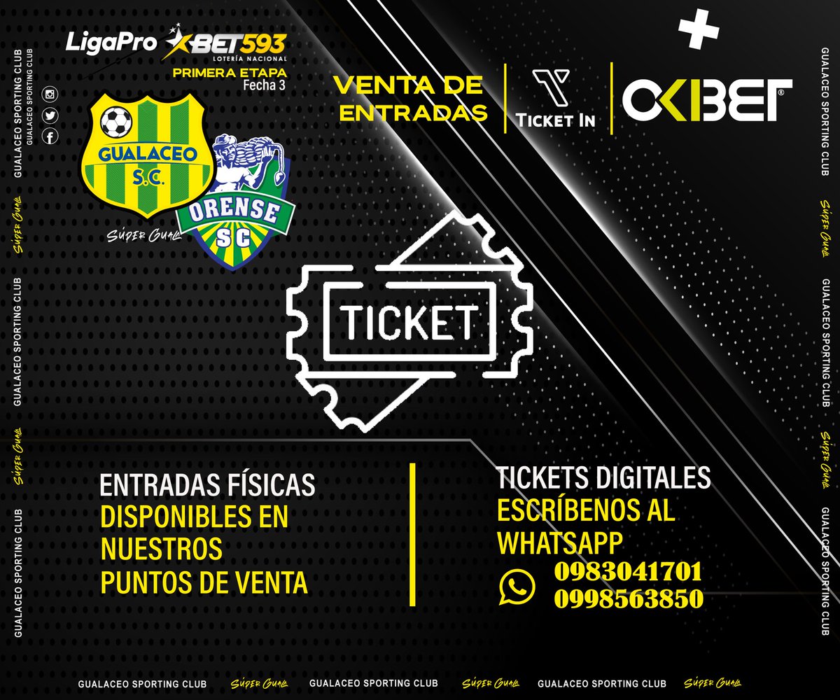 Venta de Boletos 🎫

Continuamos con la venta de boletos físicos y digitales para el compromiso del viernes 10 de marzo frente a #OrenseSc. 

📍Puntos de Venta 

#Gualaceo / Calzado Aries - Oficina del Club 

#Cuenca /  Monay Shopping (Tienda Boman )