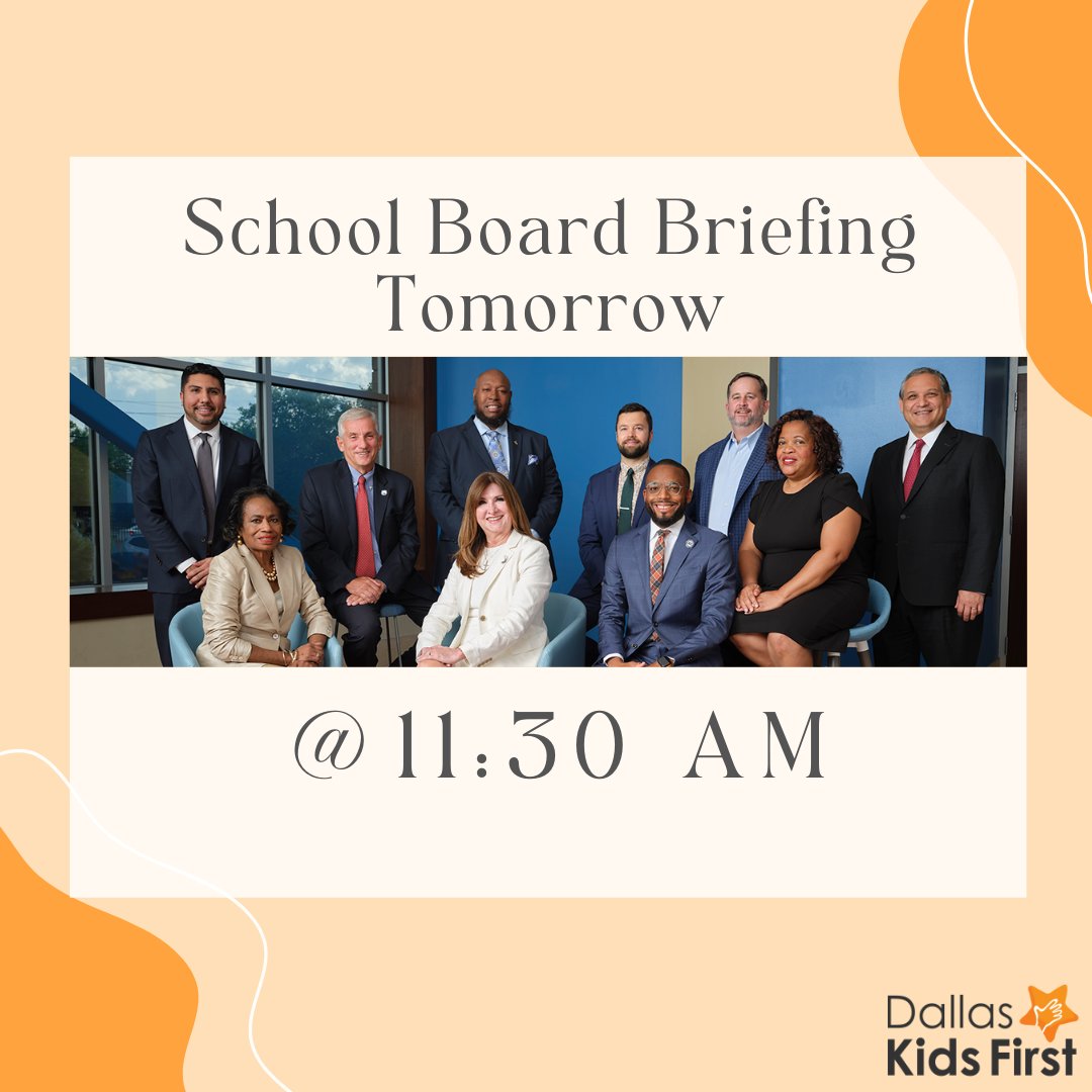 The Dallas ISD Board Briefing will be tomorrow at 11:30 am. Join us online here: bit.ly/DISDBoard 

Can't make it tomorrow? Trustee Flores will attend this week for the DISD Board Briefing Recap at 8:30-9:30 am. Sign up here: bit.ly/DISDrecap