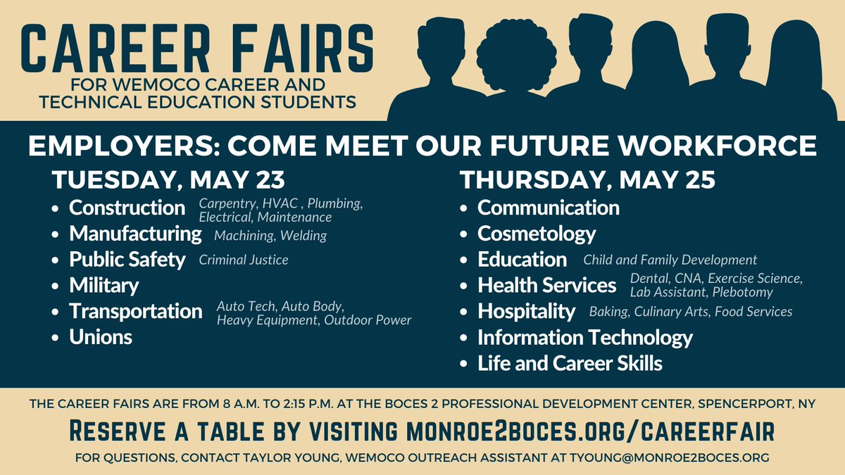 Calling all employers! Come meet WEMOCO's skilled students at the 2023 Career Fairs on Tuesday, May 23 and Thursday, May 25. Chat with students equipped with industry-aligned skills and professional certifications. Find out more and register today at monroe2boces.org/careerfair
