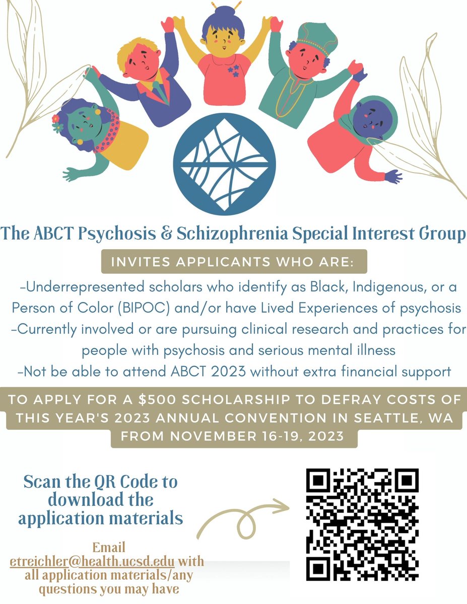 ABCT PASS-SIG (@abctpsychosis) on Twitter photo The ABCT PASS-SIG invites people to submit applications for our BIPOC/lived experiences scholarship to support attendance at #ABCT2023! Please see the flyer for more information to apply.
Applications due May 31st, 2023:
tinyurl.com/yrx2nztb
<a href="/ABCTNOW/">Association for Behavioral and Cognitive Therapies</a> The ABCT PASS-SIG invites people to submit applications for our BIPOC/lived experiences scholarship to support attendance at #ABCT2023! Please see the flyer for more information to apply.
Applications due May 31st, 2023:
tinyurl.com/yrx2nztb
<a href="/ABCTNOW/">Association for Behavioral and Cognitive Therapies</a>