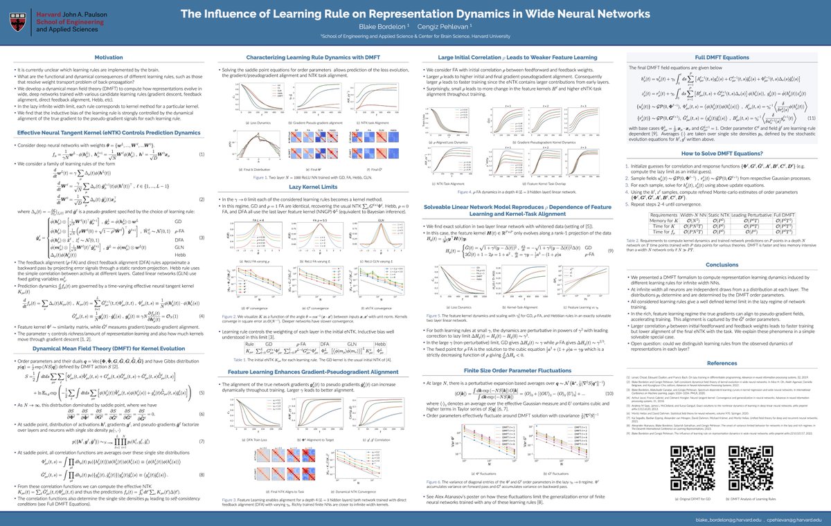 I am at #cosyne2023 this week, presenting work with @CPehlevan about a dynamical field theory to analyze representation learning in deep NNs trained with a variety of learning rules. Come by poster II-091 on Friday evening  if you are interested!