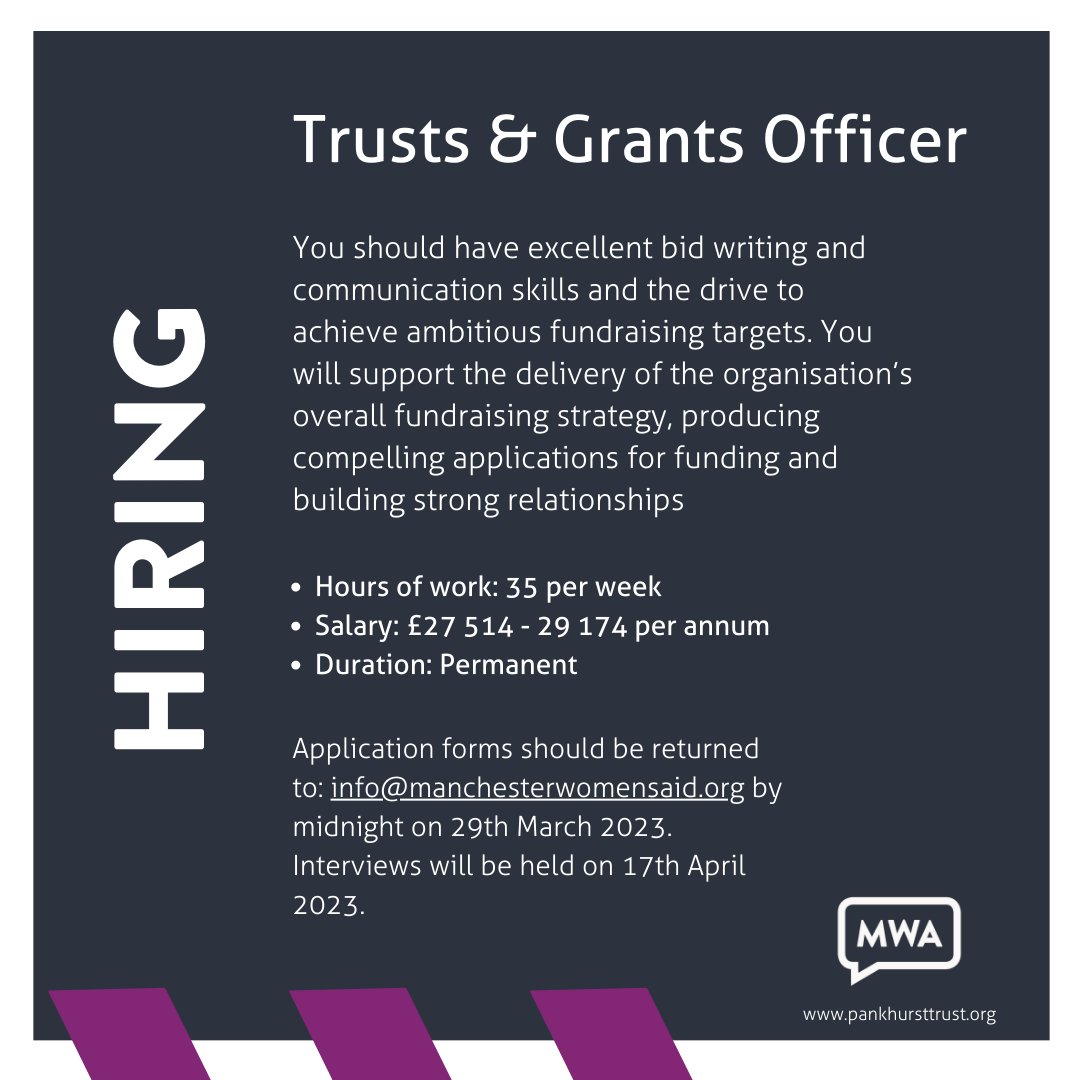 📣 Closing soon! 

An exciting opportunity has arisen within The Pankhurst Trust for a passionate and dynamic Trusts and Grants Officer to join our newly formed Fundraising and Development Team. 

To apply visit: bit.ly/3YqKL4o

#charityjobs #nonprofitjobs #feministjobs