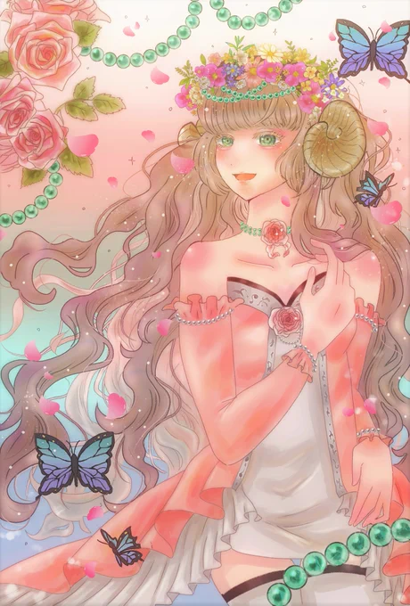#イラスト #illustration #角  #創作羊角の妖精の姫で温度によって髪の色が変わる。春だと茶、冬だと青になるよ 