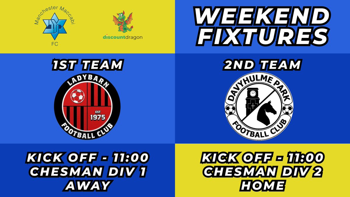 Manchester Maccabi FC (@manmaccabifc) on Twitter photo π¨ Weekend Fixtures π¨
1st Team
π <a href="/LadybarnFC/">Ladybarn FC</a>
π 11:00
π <a href="/ChesmanSFL/">Cheshire & Manchester Sunday League</a> DIV1
ποΈ AWAY
2nd Team
π <a href="/DavyhulmeParkFC/">Davyhulme Park Football Club</a>
π 11:00
π <a href="/ChesmanSFL/">Cheshire & Manchester Sunday League</a> DIV2
ποΈ HOME
ππ #COYY π¨ Weekend Fixtures π¨
1st Team
π <a href="/LadybarnFC/">Ladybarn FC</a>
π 11:00
π <a href="/ChesmanSFL/">Cheshire & Manchester Sunday League</a> DIV1
ποΈ AWAY
2nd Team
π <a href="/DavyhulmeParkFC/">Davyhulme Park Football Club</a>
π 11:00
π <a href="/ChesmanSFL/">Cheshire & Manchester Sunday League</a> DIV2
ποΈ HOME
ππ #COYY