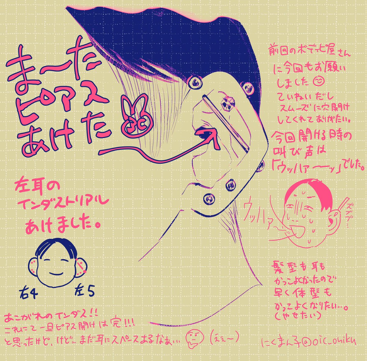 ピアス穴開けおかわり報告です。きれいに開けてもらえてよかった✌️無事安定しますように🙏 https://t.co/uqm9wUIgBE 