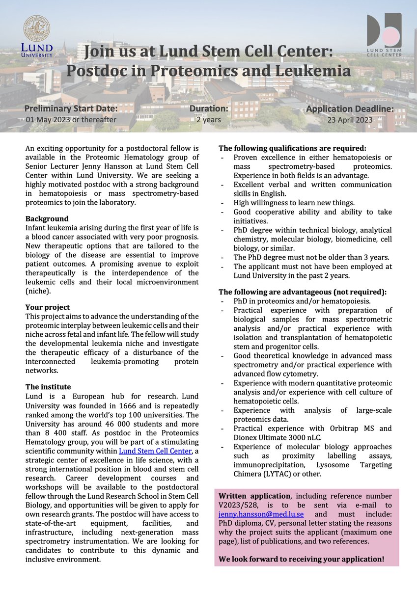 Hansson Lab (@hanssonlab) on Twitter photo 📢Postdoc alert!
We are looking for a #postdoc with a strong interest in #leukemia and #proteomics to join our team <a href="/Lund_Stem/">Lund Stem Cell Center</a>. ⬇️
Please RT - thanks! 📢Postdoc alert!
We are looking for a #postdoc with a strong interest in #leukemia and #proteomics to join our team <a href="/Lund_Stem/">Lund Stem Cell Center</a>. ⬇️
Please RT - thanks!