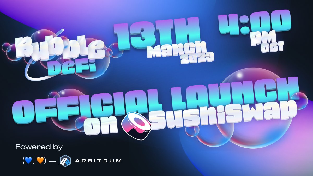Bubble_DeFi's tweet photo. Ready to ride the wave of #BubbleDeFi? 🫧🌊
Launching on #SushiSwap 🍣#Arbitrum!💙🧡
Let's buckle up for March 13th 4PM CET!📅
Join us early for hot liquidity pools and synthetic yield farming with Bubble protocol!🫧
TG: https://t.co/WrwBTV5rRa
Discord: https://t.co/KjgcGWM5vE https://t.co/VkOxjoWWAl