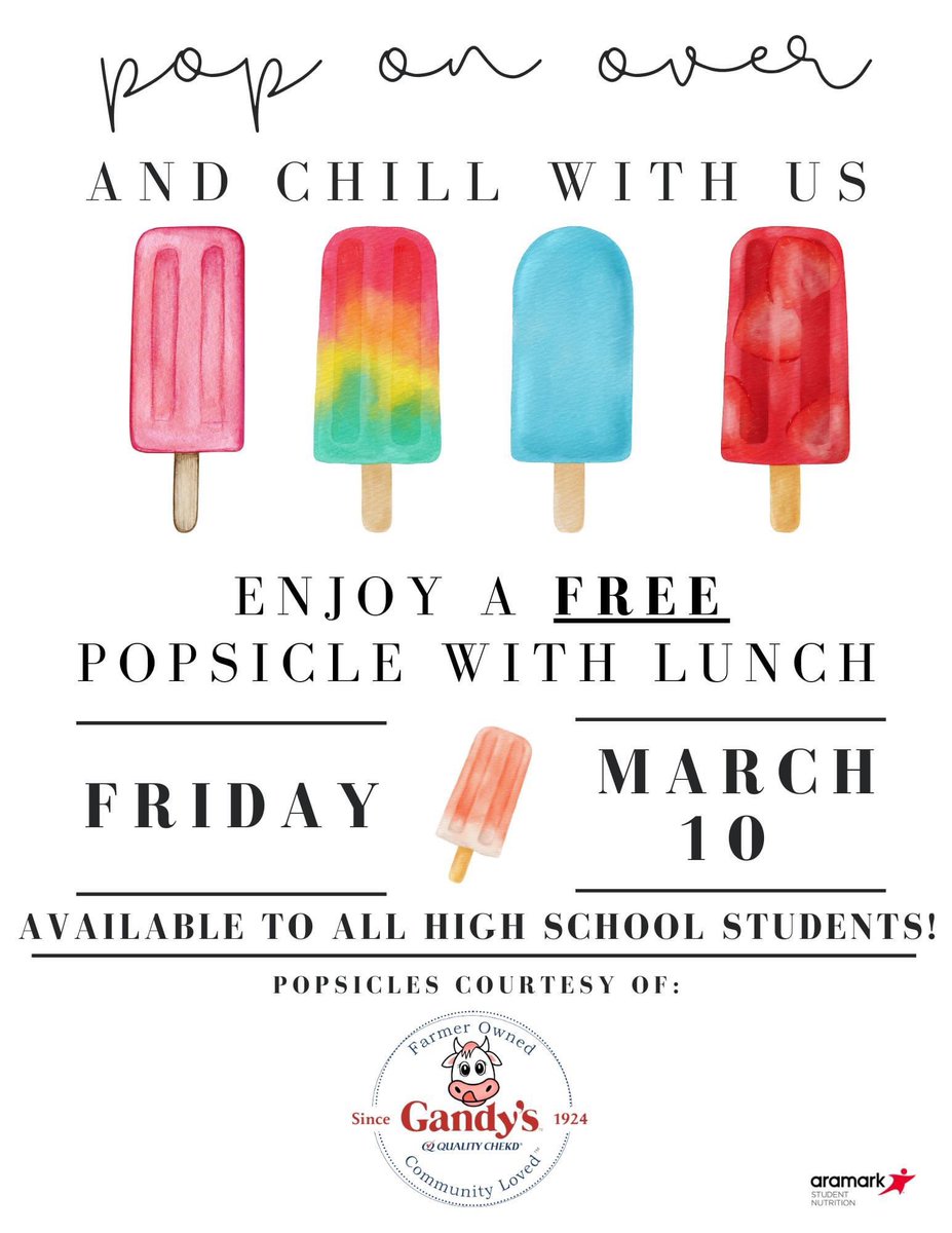 Calling ALL Lubbock ISD high school students, you don't want to miss this! Pop on over and chill with us to gear up for Spring Break! Join us tomorrow, March 10th and enjoy FREE popsicles during all lunch periods, courtesy of Gandy's Dairy! <a href="/LubbockISD/">Lubbock ISD</a>