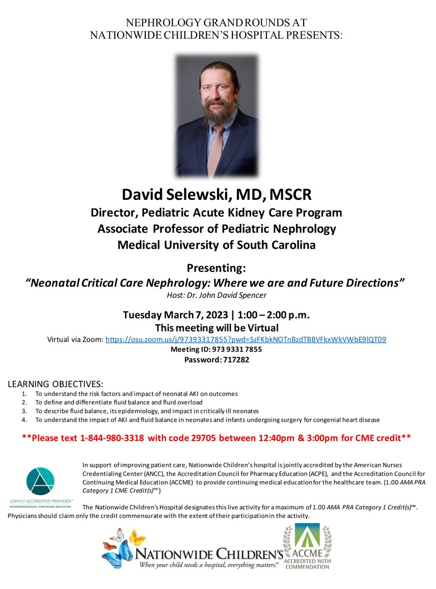Please join us on 3.6.23 for Nephrology Grand Rounds as we welcome Dr. David Selewski <a href="/MedUnivSC/">Medical University of South Carolina (MUSC)</a> to present on Neonatal Nephrology. Zoom link below or DM <a href="/kidneytweets/">John David Spencer</a>