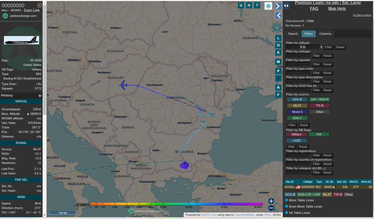 internetguy01's tweet photo. one of my fav's up over Europe
#B52 Stratofortress bomber up over Bulgaria, Romania, & sometimes troublesome Hungary
Callsign: 00000000
HEX: AE5891
https://t.co/gCyrORSnsQ
#NuclearFlex #RussiaUkraineWar
@TheIntelFrog @Aviation_Intel @vcdgf555 @ameliairheart @thenewarea51 https://t.co/8Q49ygnu6R