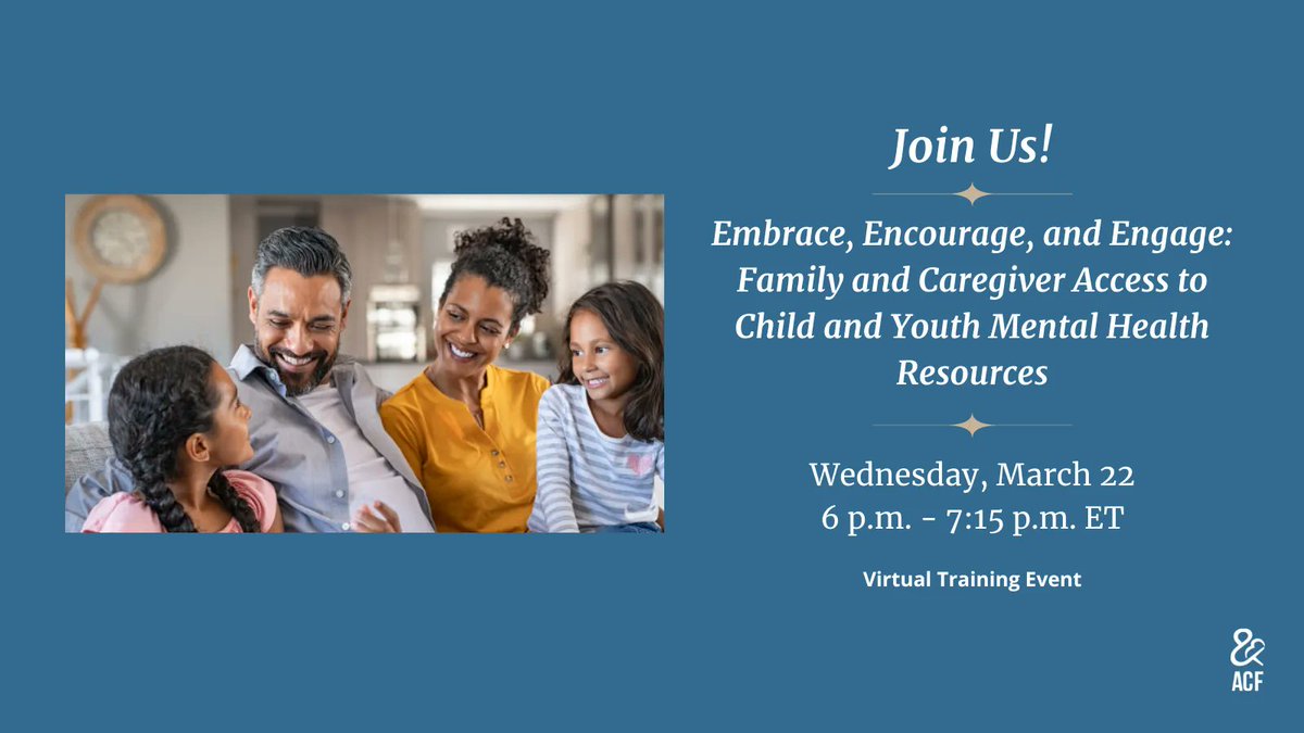 ACFHHS's tweet photo. Are you a parent or caregiver interested in developing the skills to support your child’s mental health? Join us for a virtual training on March 22, 2023, at 6 P.M. ET to learn how to recognize, manage, and support your child’s mental health. Register >> https://t.co/GQeq4Wp5fN https://t.co/5NH1kUsNIA