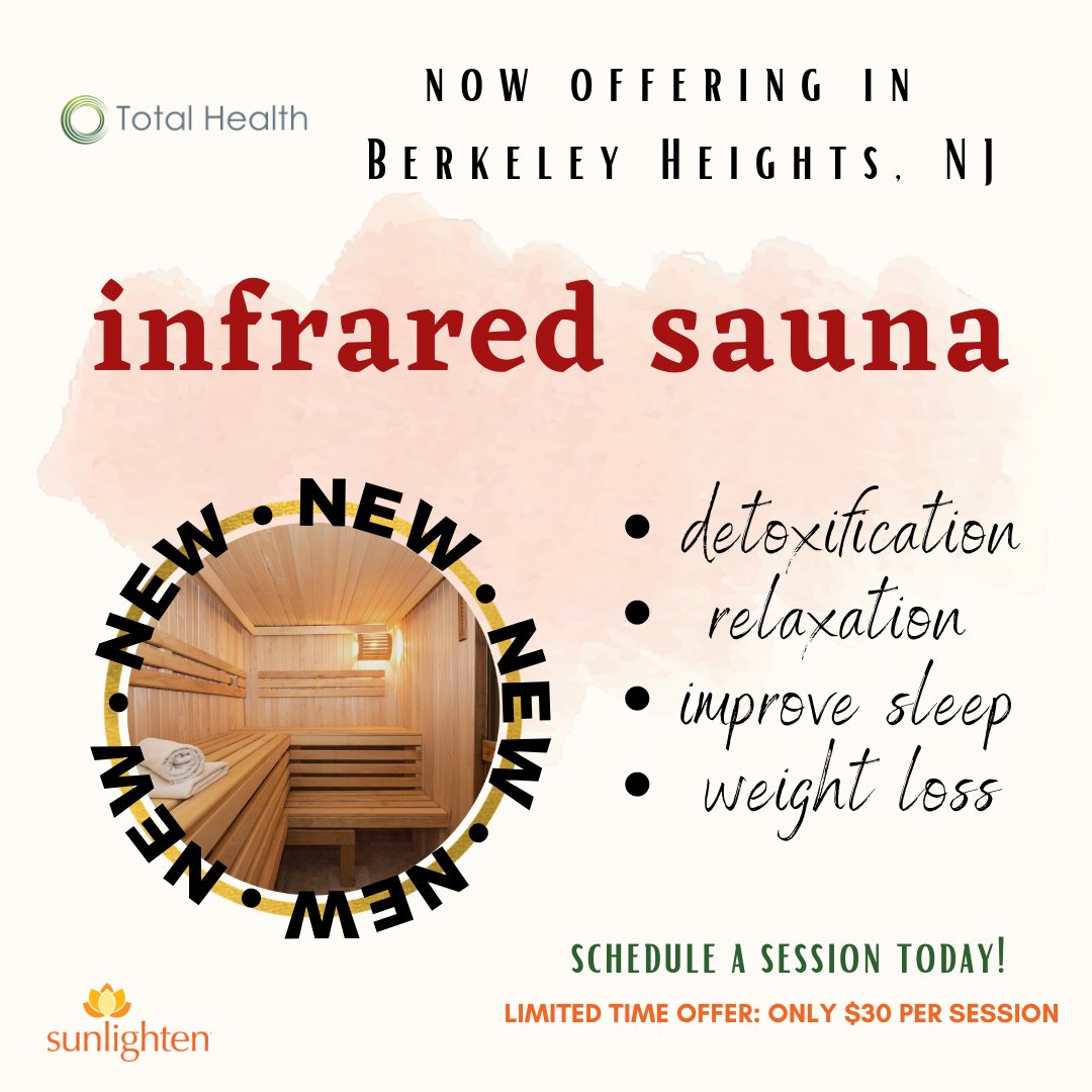 TotalHealthPMR's tweet photo. Exciting News! Our INFRARED SAUNA is ready for use at our Berkeley Heights location. Call to schedule -> 908-665-0770. 

Drop-in session: $30 for individuals, $25 for groups of 2 or 3. Appointments must be scheduled at least one hour in advance. https://t.co/AbCThsAqqi