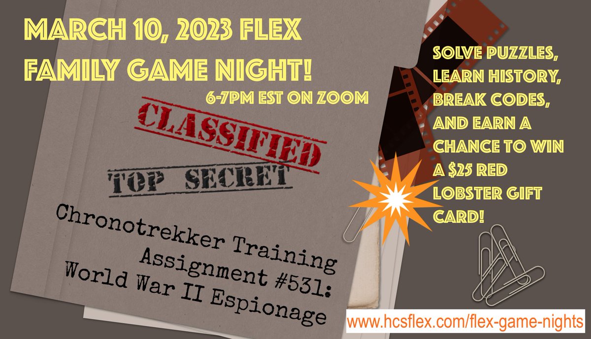 LearningKate's tweet photo. Join us from ANYWHERE IN THE WORLD on Fri., 03/10, 6-7pm EST for our @HCSFLEx Family Game Night! Would you make it as a WWII spy? Learn history &amp; cryptography, solve puzzles, &amp; maybe win a $25 Red Lobster Gift Card! Register: https://t.co/M9IjkOepYH @HamptonCSchools @GarySkeen01 https://t.co/Vml7aY0MOH