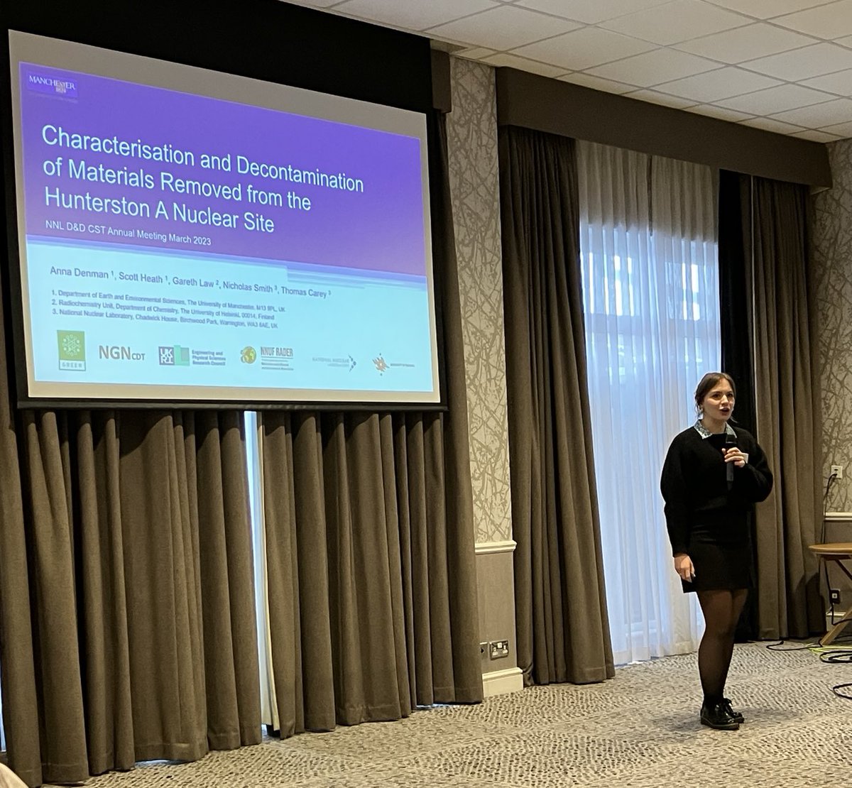 Lovely to attend ⁦⁦<a href="/aedenman/">Dr Anna Denman</a>⁩’s last PhD talk at the ⁦<a href="/UKNNL/">United Kingdom National Nuclear Laboratory</a>⁩ <a href="/SellafieldLtd/">Sellafield Ltd</a>⁩ Decontam &amp; Decommissioning annual meeting. Great meeting showcasing methods to minimise rad waste volumes. ⁦@DaltonNuclear⁩ ⁦<a href="/KumpulaScience/">Faculty of Science, University of Helsinki</a>⁩ ⁦<a href="/Radiochem_Unit/">University of Helsinki - Radiochemistry Unit</a>⁩