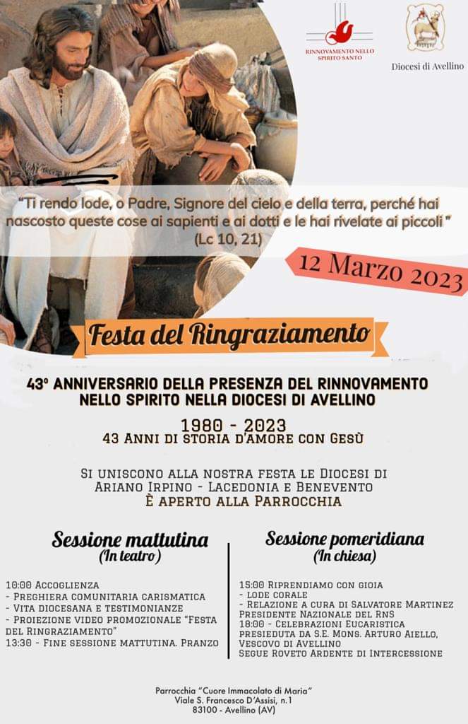 Domenica 12 marzo sarò ad Avellino presso la Parrocchia "Cuore Immacolato di Maria", in occasione della Festa del Ringraziamento.
Nella giornata, si celebrerà il 43º anniversario della presenza del <a href="/rnsitalia/">RnS</a> nella diocesi di Avellino. 

Scopri di più: salvatoremartinez.com/eventi/