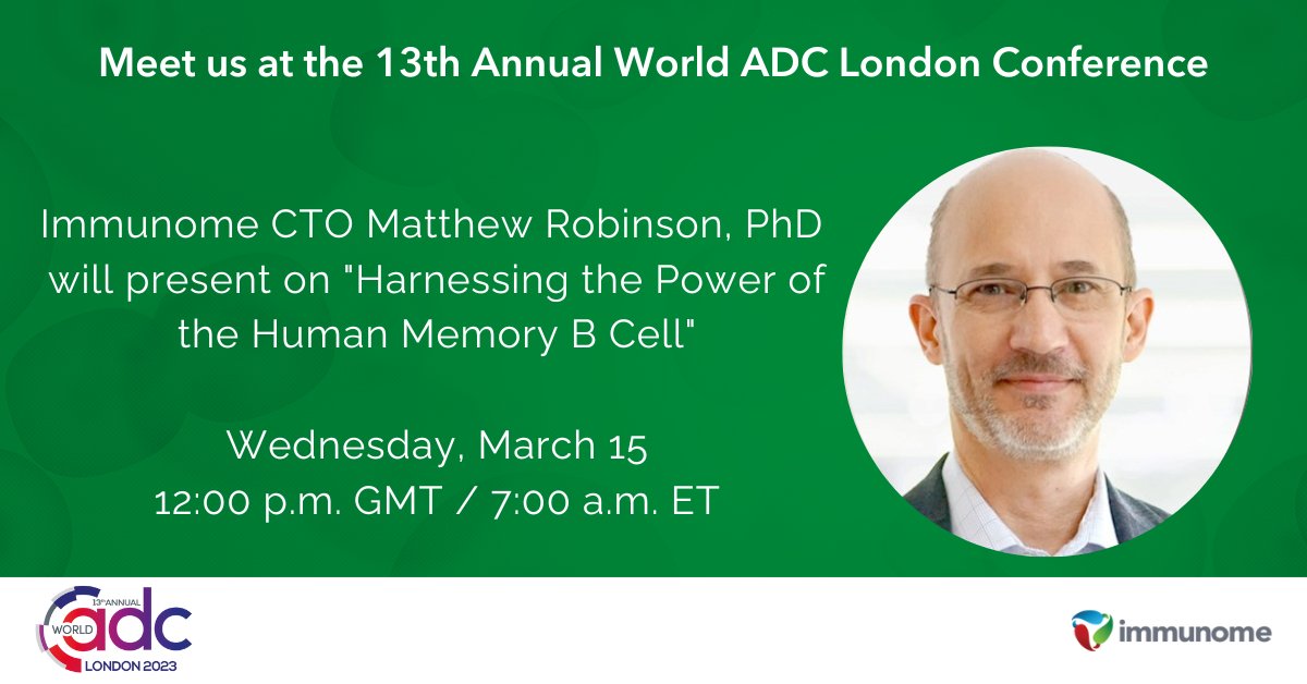 Our CTO Matthew Robinson, Ph.D., will discuss how our Discovery Engine can harness the power of human memory #Bcells to identify novel targets for development as #AntibodyDrugConjugates at the 13th Annual <a href="/World_ADC/">World ADC</a> London conference. Read more: bit.ly/3kXLbSd