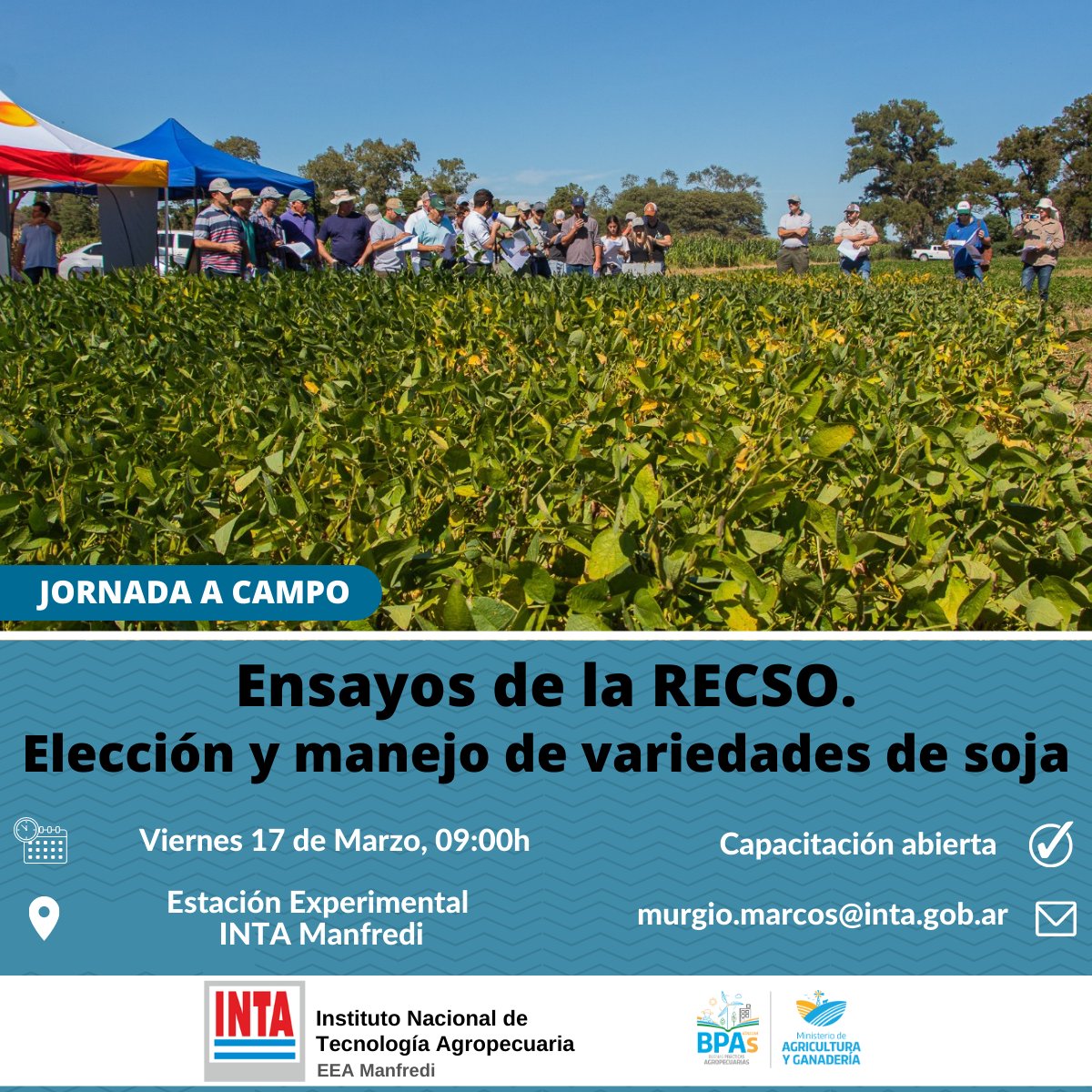 #AgendaINTA | Jornada a #campo en ensayos de la #RECSO 🌱

✅ Elección y manejo de variedades de #soja

📆 Viernes 17/03
⏰ 09 hs.
📍 #INTAManfredi

🗣️ Disertan los especialistas de <a href="/IntaCordoba/">INTA Córdoba </a>,    <a href="/MurgioMarcos/">Marcos Murgio</a> y <a href="/c_vissani/">cristianvissani</a>

Más ℹ️ comunicarse con: 
📩 murgio.marcos@inta.gob.ar