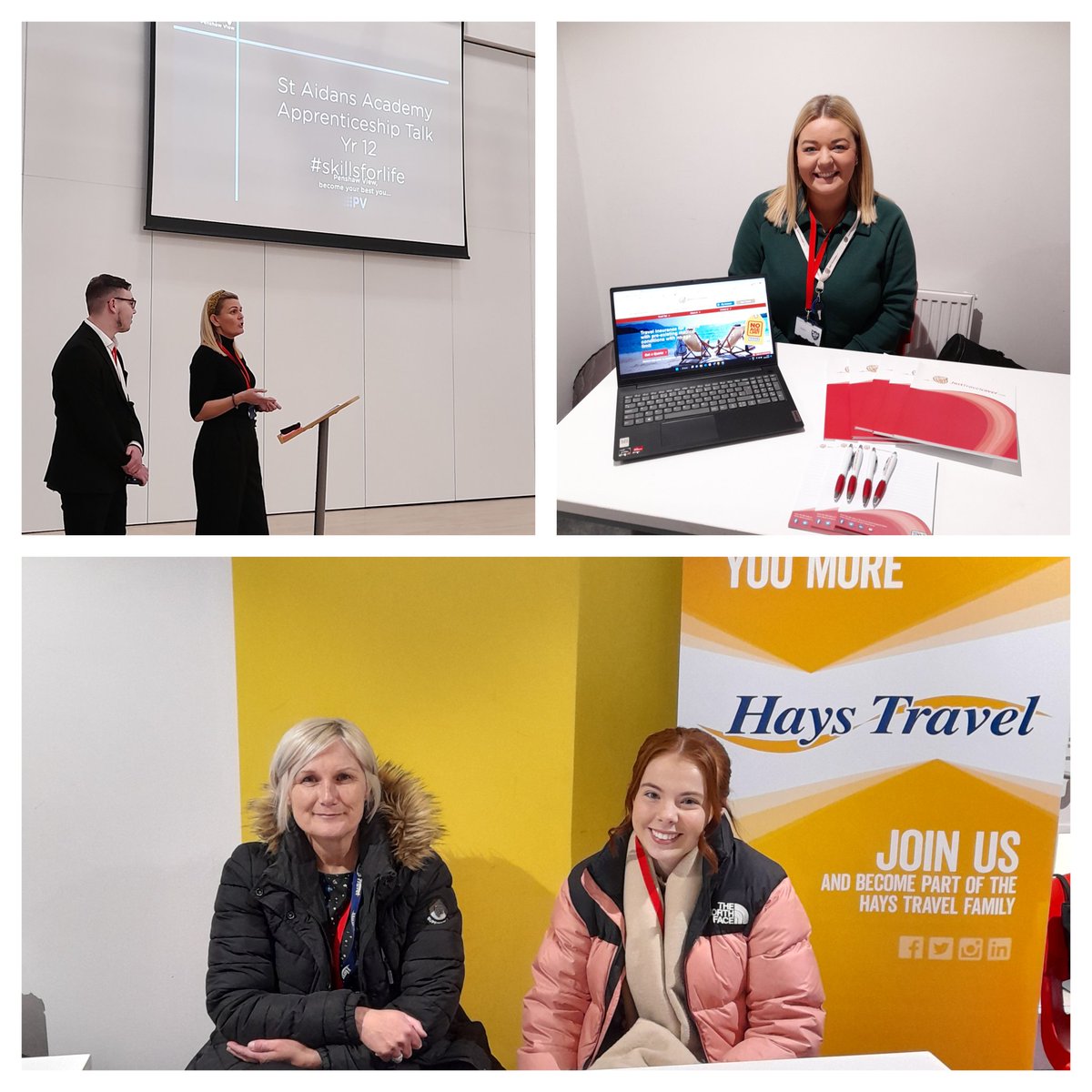 Thank you to #NorthEastAmbition  Enterprise Advisor Kathryn & apprentice Dillon @PenshawView_ for delivering Yr12 apprenticeship assembly @StAnthsGirls @St_Aidans_RC, Rachel & apprentice Bethany from @HaysTravel and Amy from @Justtravelcover for speaking with pupils #NCW2023