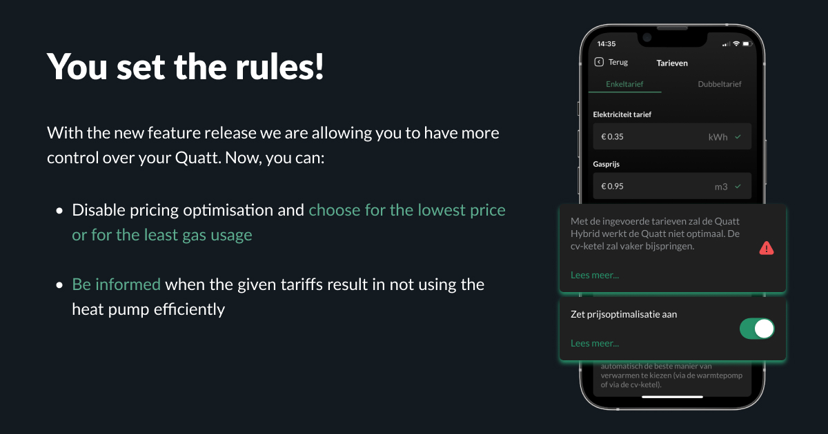 we_are_Quatt's tweet image. We’re excited to announce the launch of two new app features!📱With the Quatt app we try to give our customers the insights to let the Quatt run as efficient as possible, but also give them them the option to set their own rules. Go check it out. 🤓