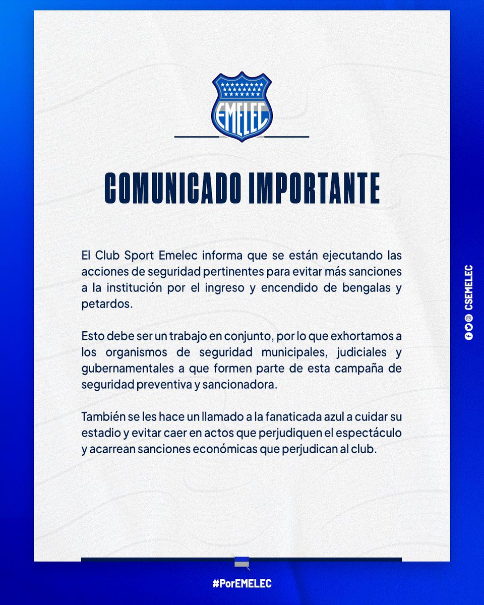 Hincha de Emelec que vea a otro encendiendo bengalas, petardos y no denuncie, es copartícipe.

Cuidemos al club en todo sentido.

#TodosSomosEmelec 

Cc <a href="/CSEmelec/">Club Sport Emelec</a>
<a href="/josepileggi/">José Pileggi</a>