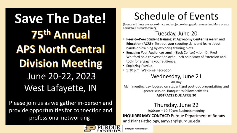 Darcy Telenko (@dtelenko) on Twitter photo Registration and abstract submission is open for the 75th Annual APS North Central Division Meeting
apsnet.org/members/commun… <a href="/PurdueBPP/">Purdue BPP</a> <a href="/febina_m/">Febina Mathew</a> <a href="/NDSUcerealpath/">Andrew Friskop</a> <a href="/MartinChilvers1/">Martin Chilvers</a> <a href="/dsmuelle/">Daren Mueller</a> <a href="/badgercropdoc/">Damon L. Smith</a> @ohiomycete <a href="/tjcksn/">Tamra Jackson-Ziems</a> <a href="/alisonrISU/">Alison Robertson</a> <a href="/KSUPlantDr/">K-State Department of Plant Pathology</a> Registration and abstract submission is open for the 75th Annual APS North Central Division Meeting
apsnet.org/members/commun… <a href="/PurdueBPP/">Purdue BPP</a> <a href="/febina_m/">Febina Mathew</a> <a href="/NDSUcerealpath/">Andrew Friskop</a> <a href="/MartinChilvers1/">Martin Chilvers</a> <a href="/dsmuelle/">Daren Mueller</a> <a href="/badgercropdoc/">Damon L. Smith</a> @ohiomycete <a href="/tjcksn/">Tamra Jackson-Ziems</a> <a href="/alisonrISU/">Alison Robertson</a> <a href="/KSUPlantDr/">K-State Department of Plant Pathology</a>
