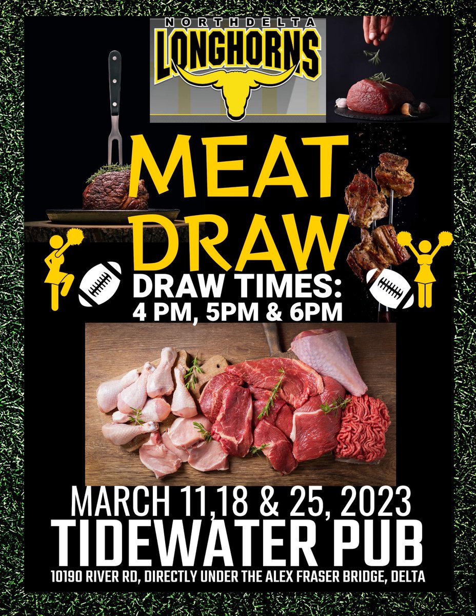 LonghornsND's tweet photo. Come out and Support the kids, with our Meat Draw Fundraiser. 
Starting this Saturday March 11, 2023.
Draw Times 4pm, 5pm &amp; 6pm.
 see everyone there @
TIDEWATERS PUB, 10190 River Rd, Directly Under the Alex Fraser Bridge, Delta
[#NorthDeltaLonghorns](https://t.co/8zRdBAvJN1) https://t.co/EIQJXbCQ8y