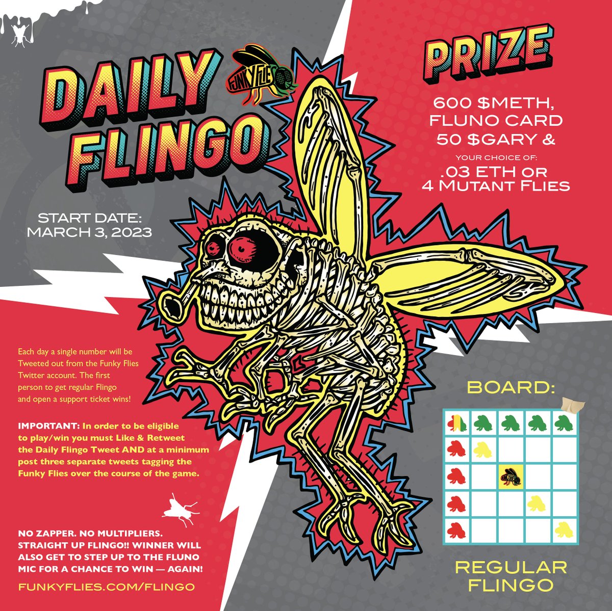 funky_flies's tweet photo. DAILY FLINGO
BOARD: Regular Flingo
(Start: March 3, 2023)
🗓️ March 9, 2023:
✅ E 55 - Furry Dice
Learn more, mint a board for .03 or sign your project up! https://t.co/ygDFOCTx5C
#Flingo #zzz #NFTs #NFTGame $GARY $METH https://t.co/wW48lBwgdx