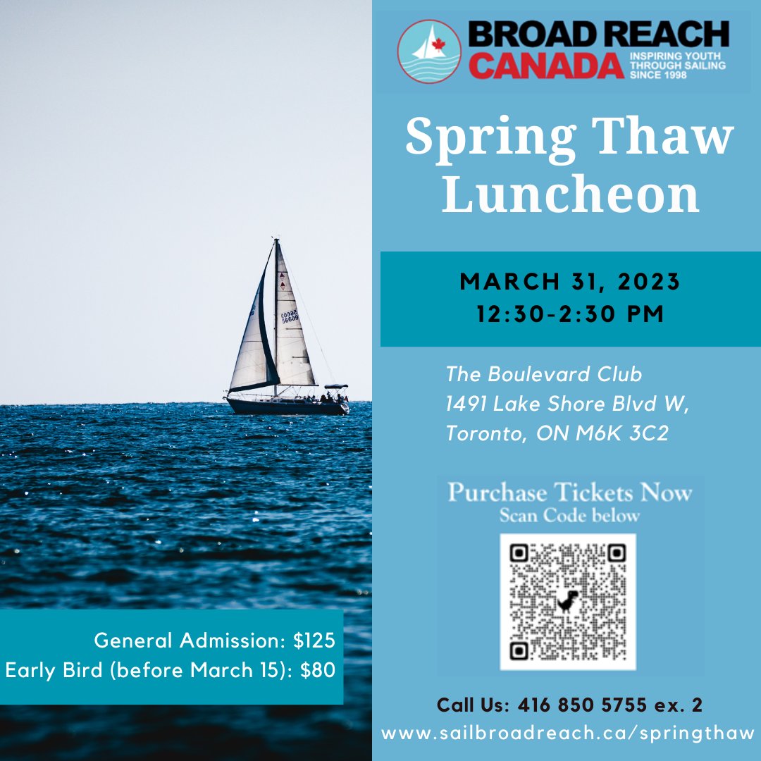 sailbroadreach's tweet photo. Let's celebrate the 2023 opening of the season on Friday March 31, 2023 at the Boulevard Club! Early bird ticket prices are still on until March 15! 
Get tickets at: https://t.co/G6VyGd4iuw

#springthaw #GTA #torontosailing #sailing #youthsailing #sailingseason https://t.co/ffFQG2mm3z
