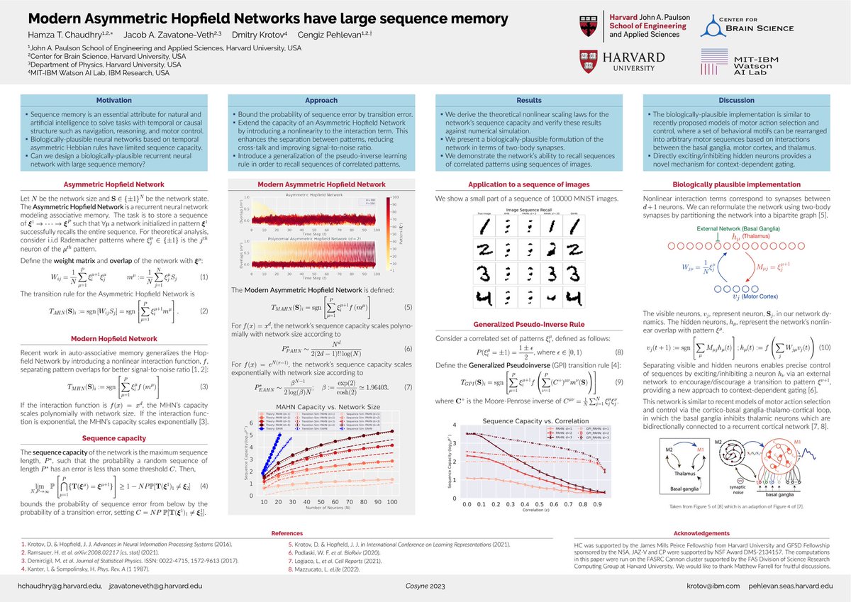 If you’re attending #cosyne2023 @CosyneMeeting, check out @hamzatchaudhry’s poster 2-119 on Friday night! Hamza, @DimaKrotov, @CPehlevan, and I show how modern Hopfield networks with asymmetric Hebbian learning rules can be used to store large sequences of patterns.
