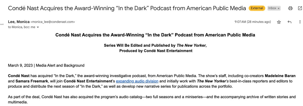 Wow -- The New Yorker/Conde acquires "In The Dark" (much as The Times acquired "Serial"). I wrote about the podcast series a few years ago nytimes.com/2019/07/14/bus…