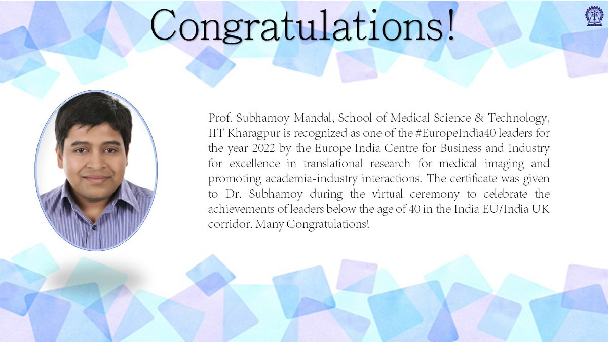 Congrats to Dr. Subhamoy Mandal #SMST recognized as one of the #EuropeIndia40 leaders 2022 by Europe India Centre for Business & Industry for excellence in translational research for #medicalimaging & academia-industry interactions

@EduMinofIndia @dpradhanbjp @Drsubhassarkar