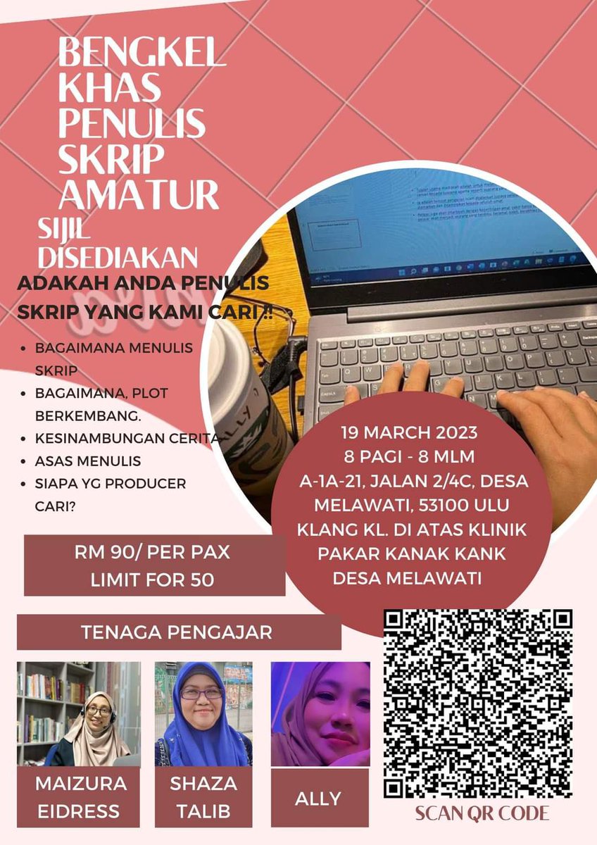 Maizura_Ederis's tweet image. Bengkel penulisan skrip untuk amatur. Tiga pembimbing- saya, @shazatalib dan Ally. Ahad 19/3. Yuran RM90 sahaja untuk sehari. Jom daftar.,, jommm

#bengkelpenulisanskrin #screenwritingworkshop