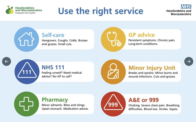 WyeValleyNHS's tweet photo. Use the right NHS service and save our emergency departments for those who really need them. Unless you attend with a genuine life-threatening emergency, you may be re-directed to a more appropriate service or face an extremely long wait. #6things Visit https://t.co/7Tz9SvDlob https://t.co/bEPNJneff9